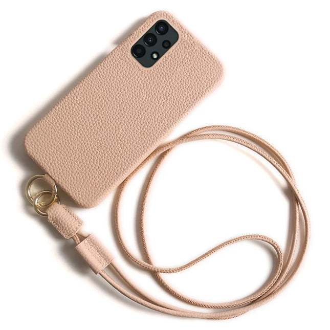 For Samsung Galaxy A13 4G Case with Lanyard Genuine Cow Leather PC Phone Back Cover - Pink