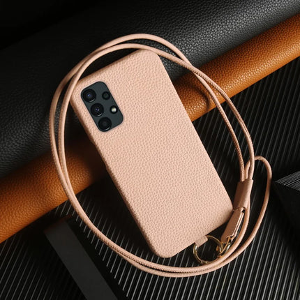 For Samsung Galaxy A13 4G Case with Lanyard Genuine Cow Leather PC Phone Back Cover