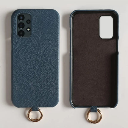 For Samsung Galaxy A13 4G Case with Lanyard Genuine Cow Leather PC Phone Back Cover