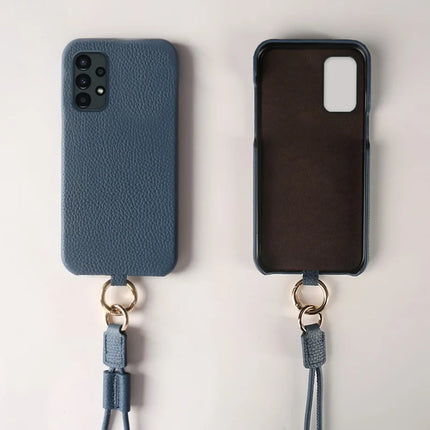 For Samsung Galaxy A13 4G Case with Lanyard Genuine Cow Leather PC Phone Back Cover