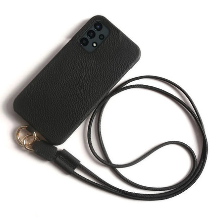 For Samsung Galaxy A13 4G Case with Lanyard Genuine Cow Leather PC Phone Back Cover - Black