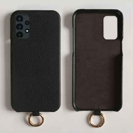 For Samsung Galaxy A13 4G Case with Lanyard Genuine Cow Leather PC Phone Back Cover