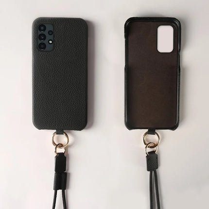 For Samsung Galaxy A13 4G Case with Lanyard Genuine Cow Leather PC Phone Back Cover