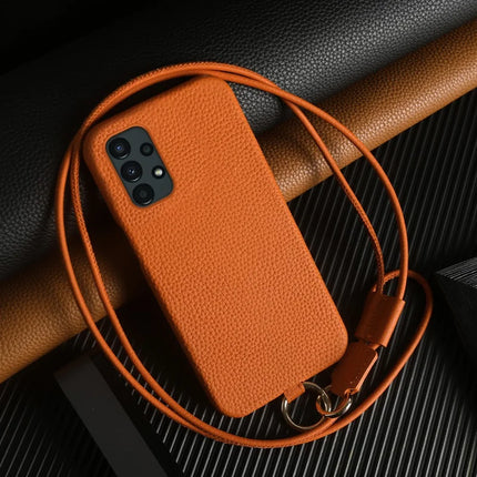 For Samsung Galaxy A13 4G Case with Lanyard Genuine Cow Leather PC Phone Back Cover