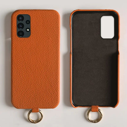 For Samsung Galaxy A13 4G Case with Lanyard Genuine Cow Leather PC Phone Back Cover
