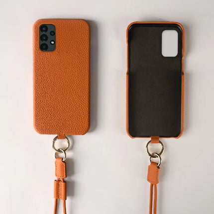 For Samsung Galaxy A13 4G Case with Lanyard Genuine Cow Leather PC Phone Back Cover