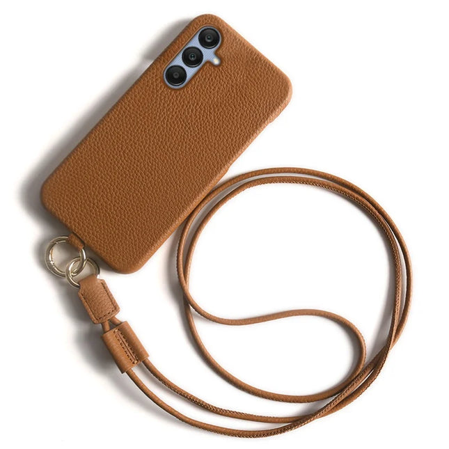 For Samsung Galaxy A25 5G (Global) (161.0 x 76.5 x 8.3mm) Case with Lanyard Genuine Cow Leather PC Phone Back Cover - Brown
