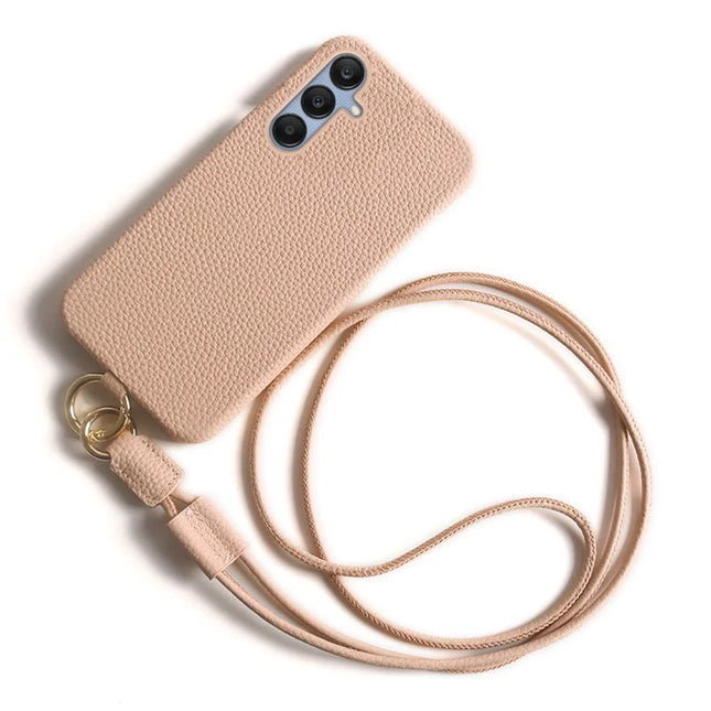 For Samsung Galaxy A25 5G (Global) (161.0 x 76.5 x 8.3mm) Case with Lanyard Genuine Cow Leather PC Phone Back Cover - Pink