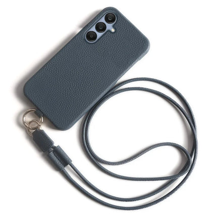 For Samsung Galaxy A25 5G (Global) (161.0 x 76.5 x 8.3mm) Case with Lanyard Genuine Cow Leather PC Phone Back Cover - Blue