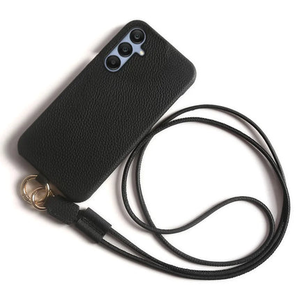 For Samsung Galaxy A25 5G (Global) (161.0 x 76.5 x 8.3mm) Case with Lanyard Genuine Cow Leather PC Phone Back Cover - Black