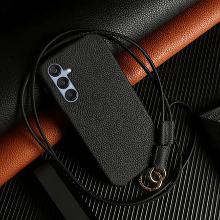 For Samsung Galaxy A25 5G (Global) (161.0 x 76.5 x 8.3mm) Case with Lanyard Genuine Cow Leather PC Phone Back Cover