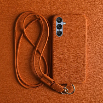 For Samsung Galaxy A25 5G (Global) (161.0 x 76.5 x 8.3mm) Case with Lanyard Genuine Cow Leather PC Phone Back Cover