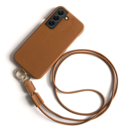 For Samsung Galaxy S22 5G Case with Lanyard Genuine Cow Leather PC Phone Back Cover - Brown