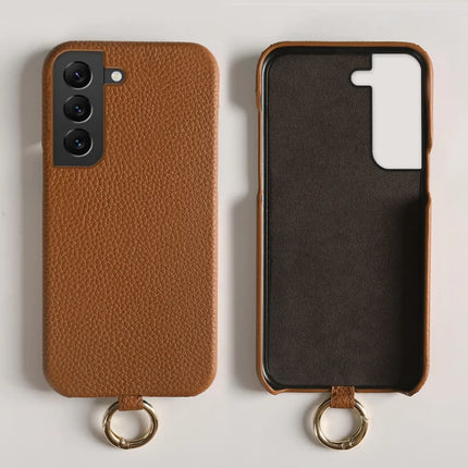For Samsung Galaxy S22 5G Case with Lanyard Genuine Cow Leather PC Phone Back Cover