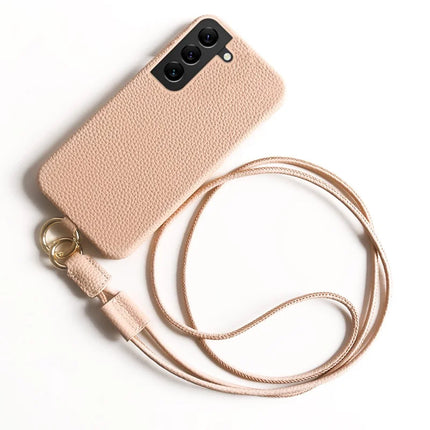 For Samsung Galaxy S22 5G Case with Lanyard Genuine Cow Leather PC Phone Back Cover - Pink
