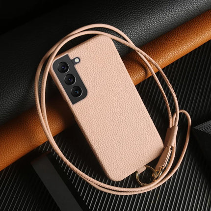 For Samsung Galaxy S22 5G Case with Lanyard Genuine Cow Leather PC Phone Back Cover