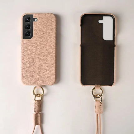 For Samsung Galaxy S22 5G Case with Lanyard Genuine Cow Leather PC Phone Back Cover