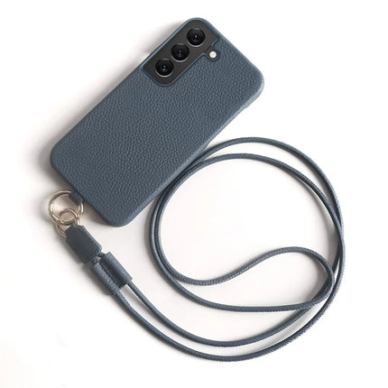 For Samsung Galaxy S22 5G Case with Lanyard Genuine Cow Leather PC Phone Back Cover - Blue