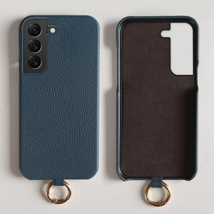 For Samsung Galaxy S22 5G Case with Lanyard Genuine Cow Leather PC Phone Back Cover