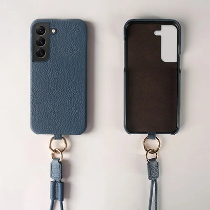 For Samsung Galaxy S22 5G Case with Lanyard Genuine Cow Leather PC Phone Back Cover
