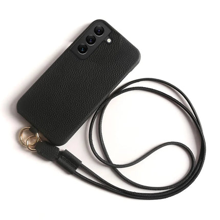For Samsung Galaxy S22 5G Case with Lanyard Genuine Cow Leather PC Phone Back Cover - Black
