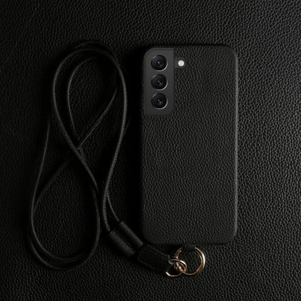 For Samsung Galaxy S22 5G Case with Lanyard Genuine Cow Leather PC Phone Back Cover