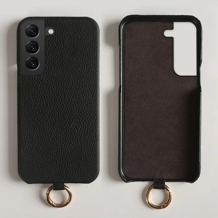 For Samsung Galaxy S22 5G Case with Lanyard Genuine Cow Leather PC Phone Back Cover