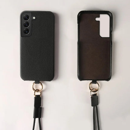 For Samsung Galaxy S22 5G Case with Lanyard Genuine Cow Leather PC Phone Back Cover