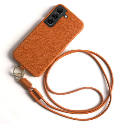For Samsung Galaxy S22 5G Case with Lanyard Genuine Cow Leather PC Phone Back Cover - Orange