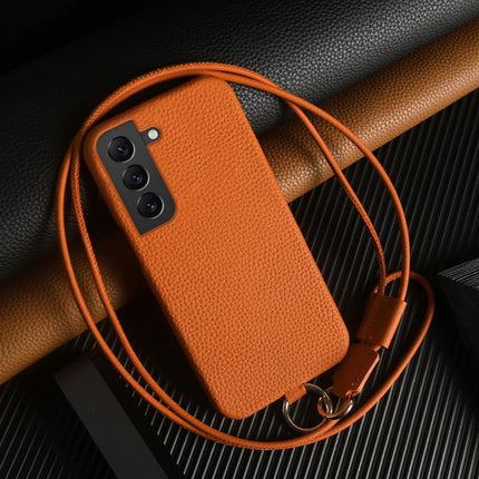 For Samsung Galaxy S22 5G Case with Lanyard Genuine Cow Leather PC Phone Back Cover