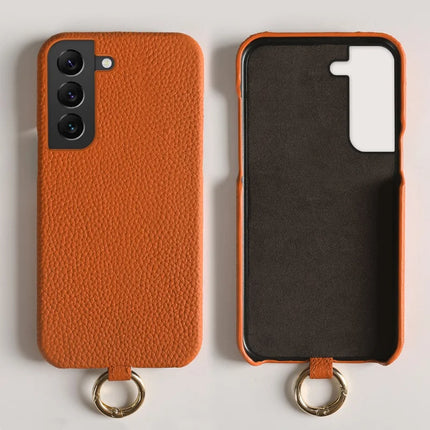 For Samsung Galaxy S22 5G Case with Lanyard Genuine Cow Leather PC Phone Back Cover