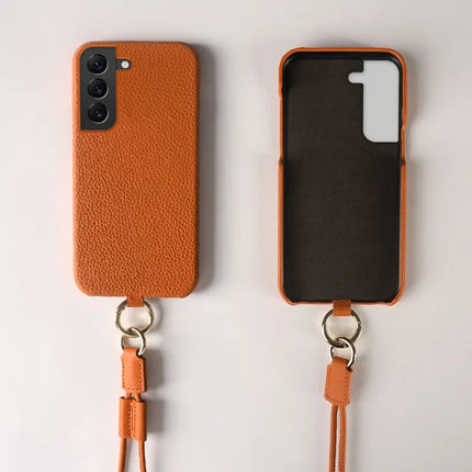 For Samsung Galaxy S22 5G Case with Lanyard Genuine Cow Leather PC Phone Back Cover