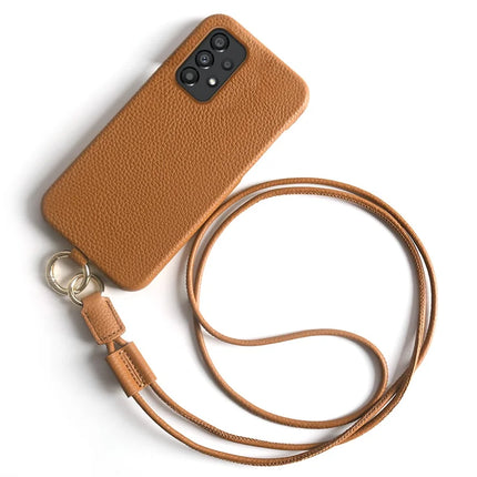 For Samsung Galaxy A33 5G Case with Lanyard Genuine Cow Leather PC Phone Back Cover - Brown