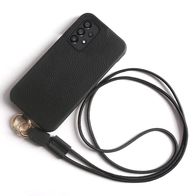 For Samsung Galaxy A33 5G Case with Lanyard Genuine Cow Leather PC Phone Back Cover - Black