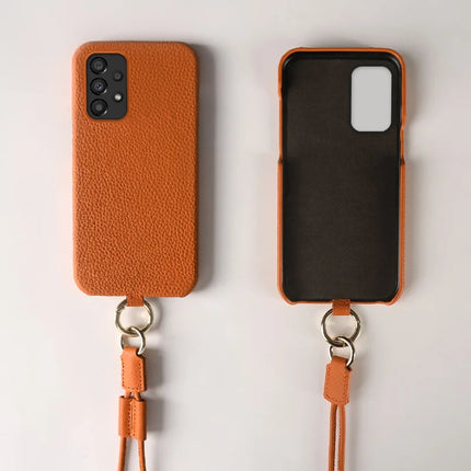 For Samsung Galaxy A33 5G Case with Lanyard Genuine Cow Leather PC Phone Back Cover