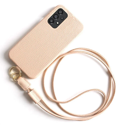 For Samsung Galaxy A33 5G Case with Lanyard Genuine Cow Leather PC Phone Back Cover - Pink