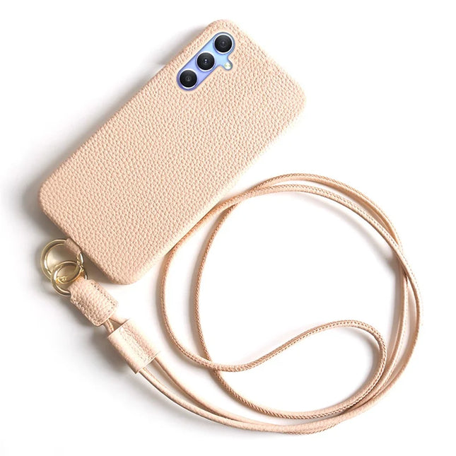 For Samsung Galaxy A34 5G Case with Lanyard Genuine Cow Leather PC Phone Back Cover - Pink