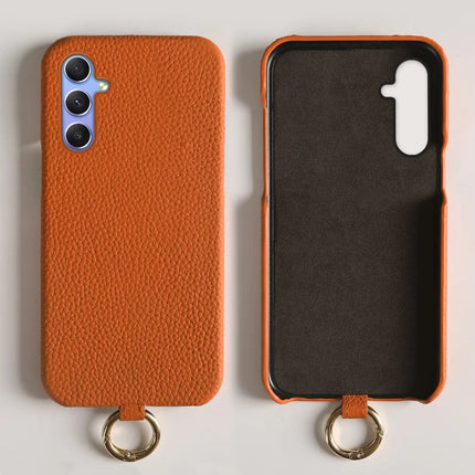For Samsung Galaxy A34 5G Case with Lanyard Genuine Cow Leather PC Phone Back Cover