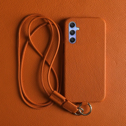 For Samsung Galaxy A34 5G Case with Lanyard Genuine Cow Leather PC Phone Back Cover