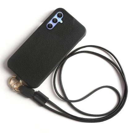 For Samsung Galaxy A34 5G Case with Lanyard Genuine Cow Leather PC Phone Back Cover - Black