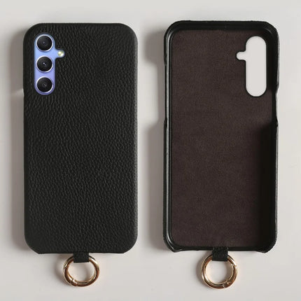 For Samsung Galaxy A34 5G Case with Lanyard Genuine Cow Leather PC Phone Back Cover
