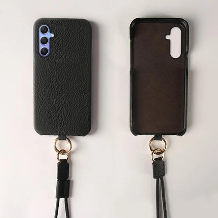 For Samsung Galaxy A34 5G Case with Lanyard Genuine Cow Leather PC Phone Back Cover