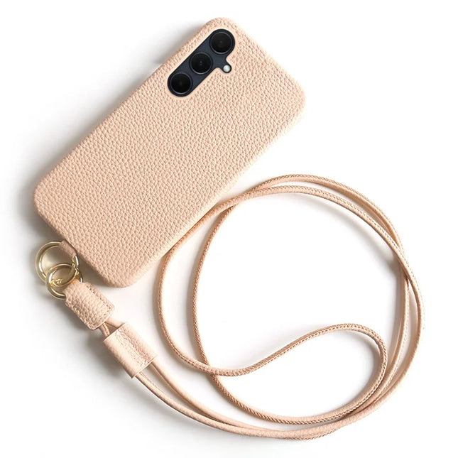 For Samsung Galaxy A35 5G Case with Lanyard Genuine Cow Leather PC Phone Back Cover - Pink