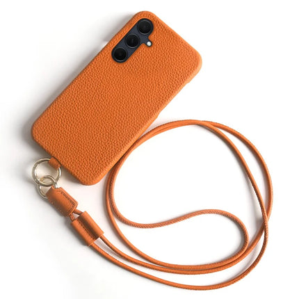 For Samsung Galaxy A35 5G Case with Lanyard Genuine Cow Leather PC Phone Back Cover - Orange