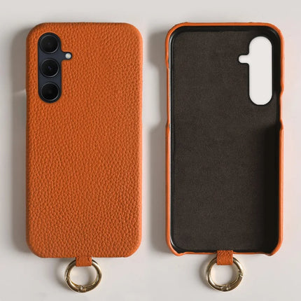 For Samsung Galaxy A35 5G Case with Lanyard Genuine Cow Leather PC Phone Back Cover