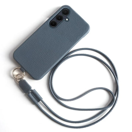 For Samsung Galaxy A35 5G Case with Lanyard Genuine Cow Leather PC Phone Back Cover - Blue