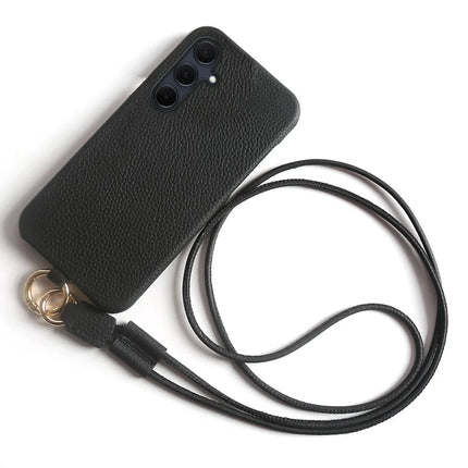For Samsung Galaxy A35 5G Case with Lanyard Genuine Cow Leather PC Phone Back Cover - Black