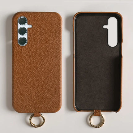 For Samsung Galaxy A55 5G Case with Lanyard Genuine Cow Leather PC Phone Back Cover