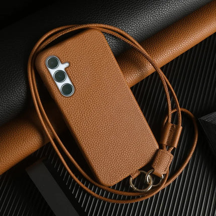 For Samsung Galaxy A55 5G Case with Lanyard Genuine Cow Leather PC Phone Back Cover