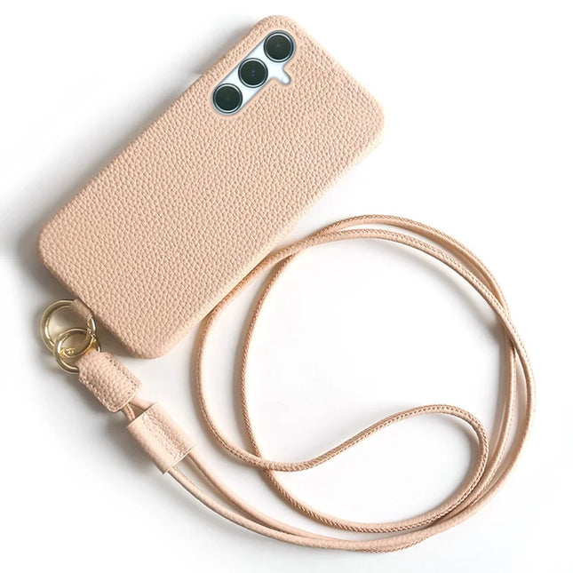 For Samsung Galaxy A55 5G Case with Lanyard Genuine Cow Leather PC Phone Back Cover - Pink
